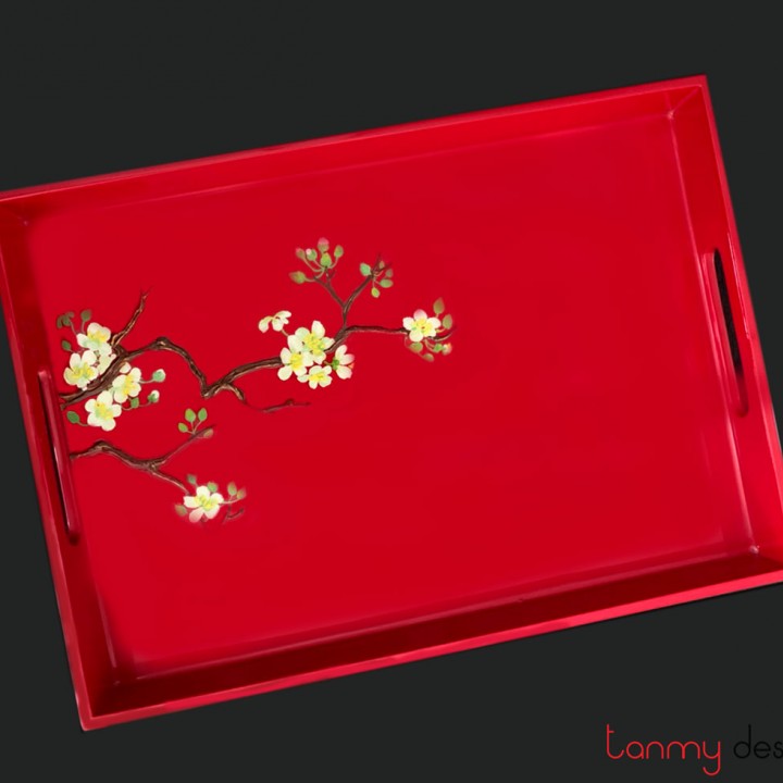 Rectangle red lacquer tray with hand painted apricot blossom 25x35 cm